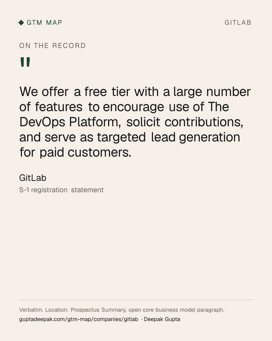 GitLab: We offer a free tier with a large number of features to encourage use of The DevOps Platform, solicit contributions, and serve as targeted lead generation for paid customers.
