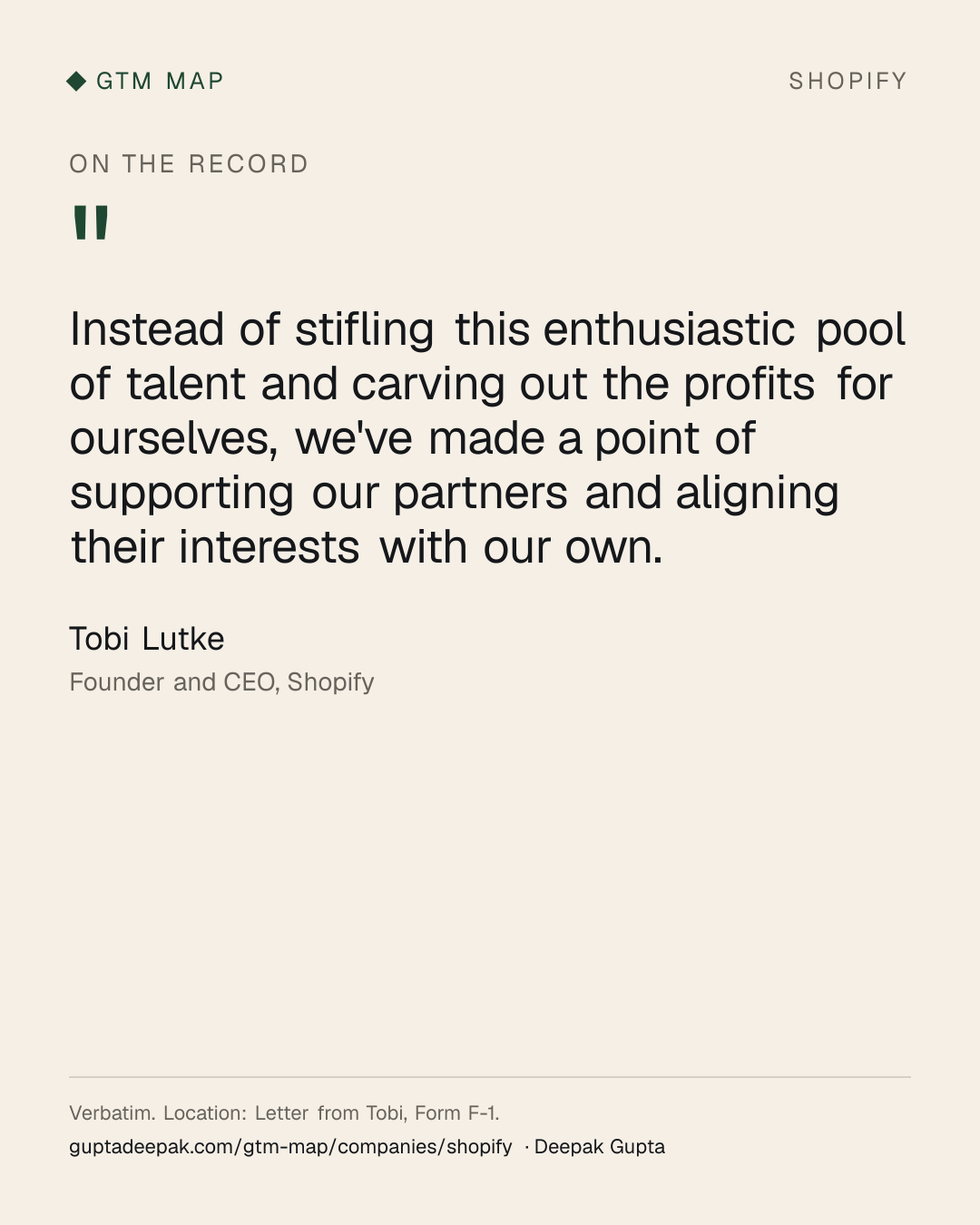 Tobi Lütke: Instead of stifling this enthusiastic pool of talent and carving out the profits for ourselves, we’ve made a point of supporting our partners and aligning their interests with our own.