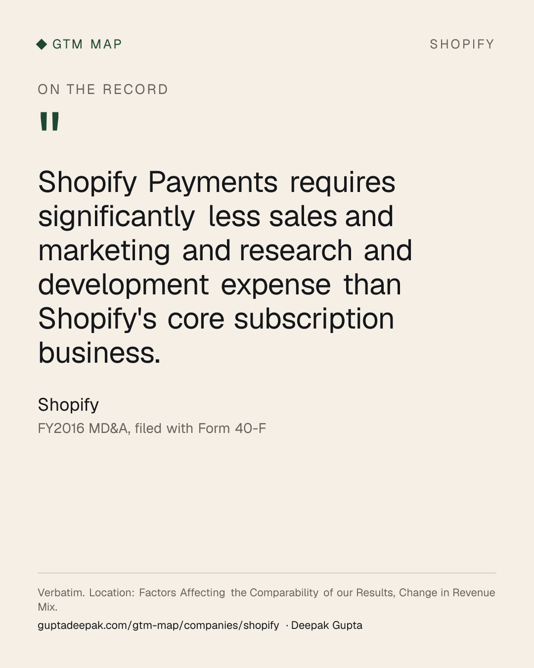 Shopify: Shopify Payments requires significantly less sales and marketing and research and development expense than Shopify’s core subscription business.